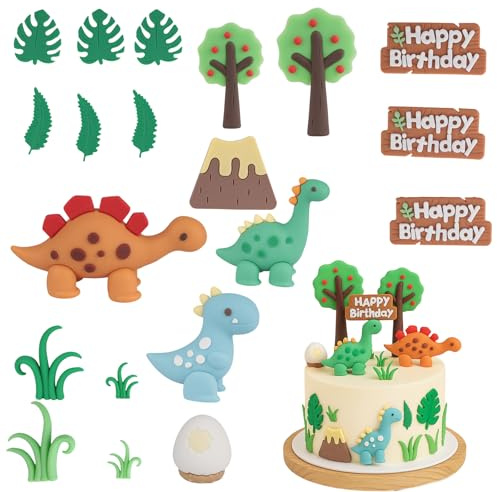 20 Teiliges Set Dino Tortendeko - mit Dinosaurier, Dinosaurier-Eier, Vulkane, Gras, Obstbäume, Blätter, Tiere Geburtstag Tortendeko, für Geburtstag Party Kinder