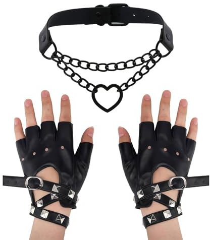 Xanthelle Lederhandschuhe Mit Halsband, Choker Punk Lederhandschuhe Für Damen Als Gothic Accessoires