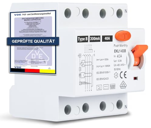 FI Schutzschalter Typ B 40A 300mA 4-polig, Allstromsensitiver RCD für Wallbox & Ladestation, Fehlerstromschutzschalter mit VDE Zertifizierung, DIN-Hutschiene Montage
