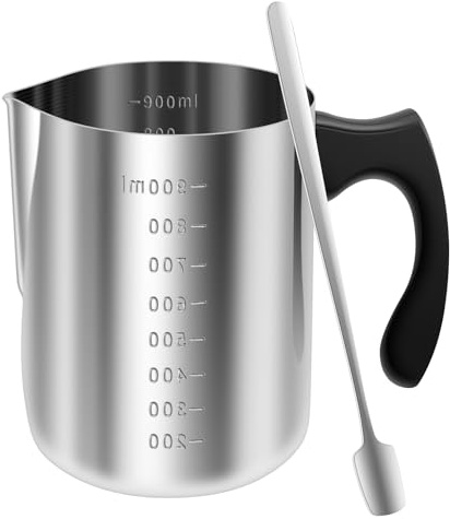 Olla de fusión de 900 ml, olla de fusión de cera de acero inoxidable con mango resistente al calor y cuchara, jarra para hacer velas con baño de agua y boquilla antigoteo para la fabricación de