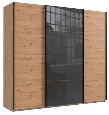 Geräumiger Schwebetürenschrank Kleiderschrank 3-türig B225/H208/T64 cm in Eichendekor, mittlere Tür mit Glasfront in Grau, inkl. einer Kleiderstange, 4 Einlegeböden und 2 Stoffboxen / 22524