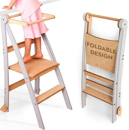 Goodevas Holz Lernleiter Montessori platzsparend: Klappbare Lernleiter, Hocker für Kinder, Faltbare Kindertreppe, Lernleiter mit Kippschutz