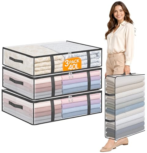 Averrex 3 pack 40L Storage Bags, Clear Under Bed Storage Box with Lids | Under Storage Bags with Zips and Strong Handles, Foldable storage bags for clothes、bedding organiser