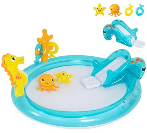 COSTWAY Piscina Gonfiabile per 2-3 Bambini, Piscinetta Fuori Terra con Scivolo, Irrigatore a Spruzzo e Giocattoli, Centro Attività Sicuro, per Estate Calda, Cortile, Giardino e Asilo, 141 x 117 cm