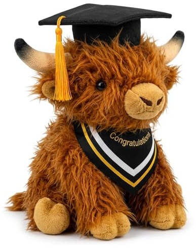 ZeBQrphio Graduation Teddy, Highland Cow Graduation Bear, 28cm Graduation Gifts for graduate,Unique Graduation Presents with Cap & Gown,Graduation Ceremony Keepsake, Highland Cow Plush