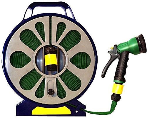 50 ft Flat Hose and Spray Nozzle with Reel Easy Wind Reel 7 Settings