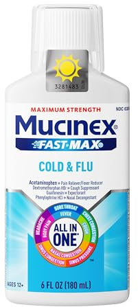 Mucinex Fast-Max Cold and Flu Medicine All-in-One Maximum Strength Liquid for Chest Congestion, Cough, Sore Throat, Nasal Decongestant, 6 fl oz (Packaging May Vary)