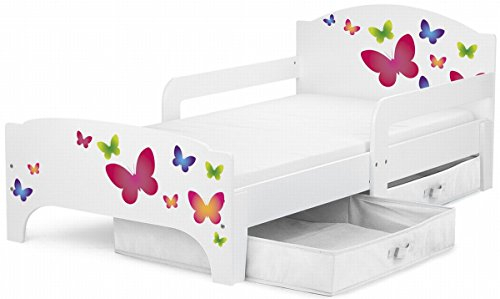 Leomark Moderne Smart Lit d'Enfant Toddler 140x70 Motif: Papillons Confortable Fonctionnel Lit Simple Avec Un Tiroir Lit Pour Enfant Avec Rangement et Matelas (140x70 cm) Grand Tiroir En Textile 2 Pièces