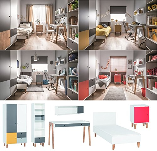 QMM Traum Moebel Jugendzimmer Kinderzimmer komplett Colin Set F Schrank Schreibtisch Bett 120x200 Wandregal Standregal Nachtkonsole 4 Farben neu