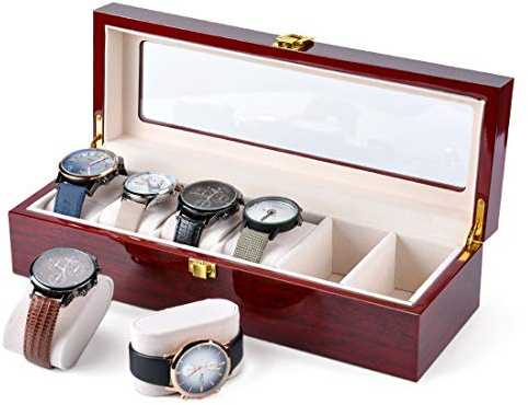 Karamanda - Scatola Porta Orologi in Legno con 6 vani Larghi, Ideale Come Regalo da Uomo per Il Lavoro, Colore: Rosso