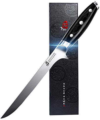 TUO Boning Knife 7 Inch Filleting Knife German High Carbon Stainless Steel Kitchen Knife Flexible Fish Knife, Full Tang Pakkawood Handle-Black Hawk Series