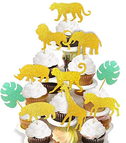ALISSAR 40-Pack Glitter Safari Jungle Animal Cupcake Toppers with Leaves, Safari Jungle Theme Baby Shower Party Cake Food Decoration Supplies