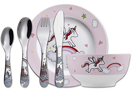 Exzact Children's Dinner Set/Cutlery Gift Set Stainless Steel Porcelain - 1 x Bowl, 1 x Plate, 1 x Dinner Knife, 1x Fork, 1 x Teaspoon,1 x Table Spoon - Unicorn