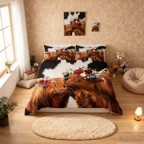 Bettbezug mit 2 Kissenbezügen, Motiv: braunes Highland-Rind, Doppelgröße, schwarz und weiß, Milchkuh, Fell und Blumen, Bettbezug mit 2 Kissenbezügen, Teenager, als Geschenk