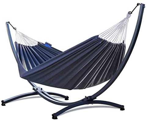 Potenza Outdoor Hängematte mit Gestell für 2 Personen I Baumwolle Doppelhängematte XXL 220x160, 200kg I Hängemattengestell 220kg, wetterfest (Grau, Basic Gestell Graphit)