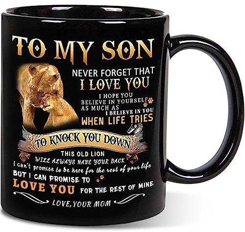 Tasse für den Sohn von Mom-Never Forget that I Love You, personalisierte Löwen-Tasse, Geschenke von der Mutter, an meinen Sohn, Geburtstagsgeschenke, inspirierende Kaffeetasse (schwarz, 313 ml)