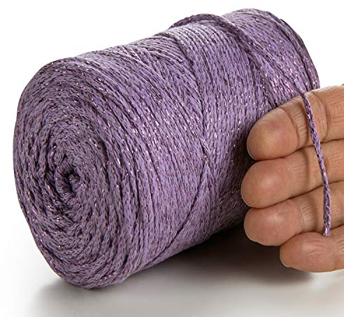 MeriWoolArt® Metallische Makramee Garn 2mm x 225m Farbig für Schnur Schmuckherstellung, Makramee Accessoires Schmuck - Boho Makramee Seil Garn - Glanz Lurex Recyceltes Baumwollgarn (Lurex Lavender)