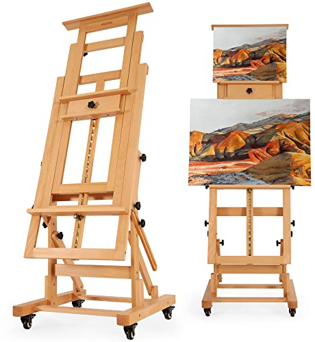 VISWIN H-Staffelei Holz Extra groß für Doppelleinwand, In Waagerechte, Verstellbare & Mobile Staffelei aus Buchenholz mit Ablage, Atelierstaffelei Stabil für Erwachsene, Künstler, Maler, Leinwand