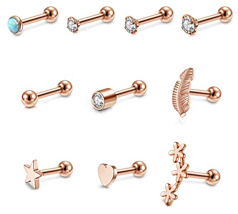 PiercingJak 16G Knorpel Ohrringe Rosegold Edelstahl Tragus Helix Barbell Stud Stab Ohr Piercing Stecker 6mm Schraube Ohrstecker CZ Opal Kugel Stern Herz Feder Punk Schmuk 10 Stücke