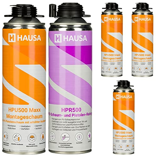 HAUSA Bauschaum-Set 4x Montageschaum 500ml grau inkl. 1x Pistolen-Reiniger 500ml; Pistolenschaum zum Verfüllen Dämmen Abdichten, extrem hohe Ausbeute, ausgezeichnete Dämm- & Isoliereigenschaften