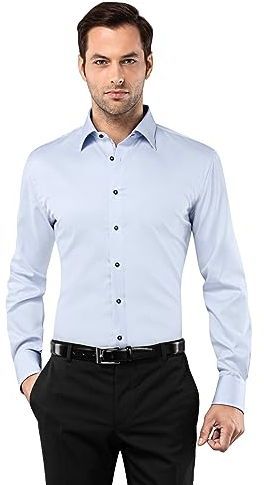 Vincenzo Boretti Chemise Homme, Coupe cintrée Slim-fit, Tissu Infroissable et agréable, 100% Coton, Manches-Longues, col Kent, Unie avec triplure de Contraste Bleu glacé 43-44