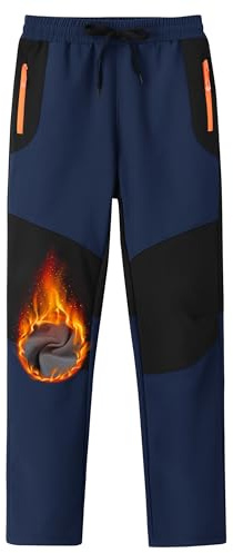 MoFiz Kids Winter Hiking Pants Kids Fleece Lined Hiking Pants Boys Waterproof Insulated Pants Navy Blue 8-9