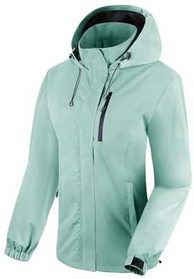 BATHRINS Regenjacke Damen Wasserdicht Atmungsaktiv Wanderjacke Windbreaker Damen Leicht Outdoor Jacke Mesh Gefüttert Fahrrad Jacke mit Kapuze(Hellgrün,XXL)