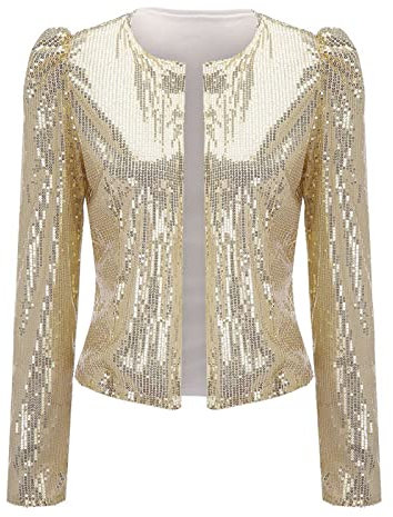 Damen Pailletten Bolero Jacke Festlich Silber Langarm Glänzend Jacke Große Größen Party Glitzer Oberteile Pailletten Strickjacke Hiphop Elegant Karneval Pailletten Blazer Kurz Bolerojacke