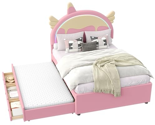 Azkoeesy LED Polsterbett mit ausziehbett, mit Lattenrost und 3 Stauraum Schubladen, Cartoon-Einhorn-Form, für Kinder und Mädchen, PU-bezeg, Rosa, 140 x 200 cm