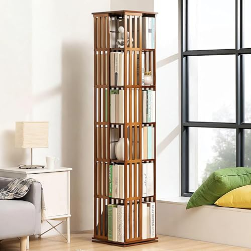 FJYAWEN 360 drehbares Bücherregal aus Bambus, einfache Installation, Aufbewahrung, Bücherregal, CD/DVD, Spielzeugregal, Schrank, wasserdichte Möbel für Schlafzimmer,B-6layer