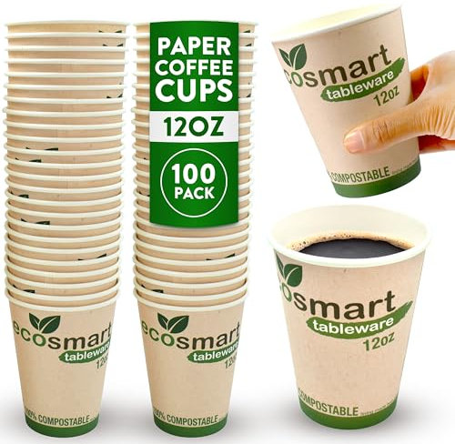 volila Paper Coffee Cups 100 Pack, 12 Oz Recyclable Cups, Disposable Coffee and Tea Paper Cups, Compostable Cups for Hot Chocolate and Cappuccino, Perfect for Office and Cafe