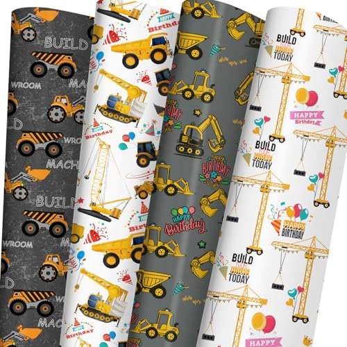 Cuitpan Baufahrzeug Geburtstag Geschenkpapier für Kinder Erwachsene - Geschenkpapier mit Bulldozern, Baggern, Kränen mit Happy Birthday Text Designs - 50,8 x 73,7 cm, 8 gefaltete Blätter, recycelt