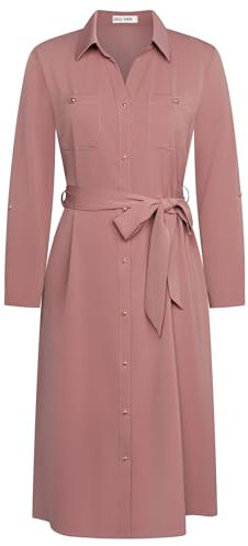 GRACE KARIN Damen Revers Knopf Gerades Kleid Arbeitshemdkleid mit Abnehmbarer Gürtel Graues Pulver XL