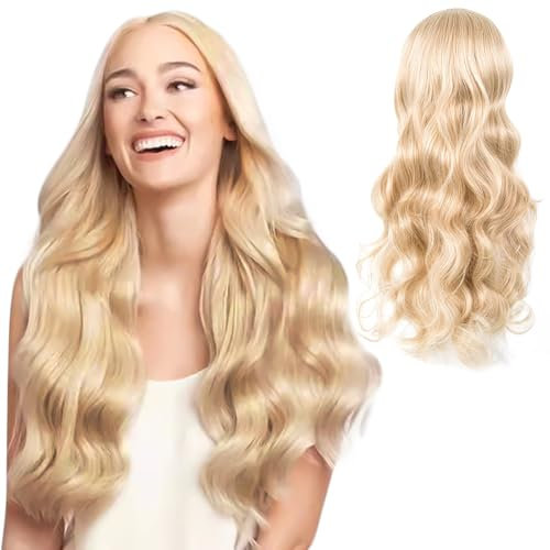 DKDDSSS Longue Perruque Blond Ondulée pour Femmes, 27/70cm Longs Cheveux Synthétiques Bouclés Perruques Raie Moyenne Blonde, Longue Bouclés Perruque de Cheveux pour Cosplay Tenue Quotidienne