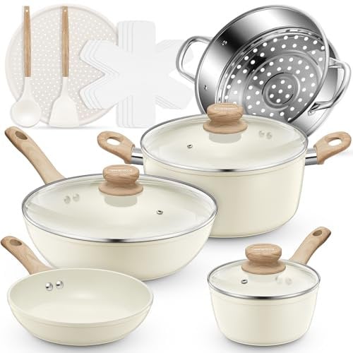 Pots and Pans Set Non Stick, Ceramic Cookware Set, Induction Kitchen Cookware Sets Nonstick with Lid, Pizza Pan, Food Steamer, Saucepans, Frying Pans (15PCS White)