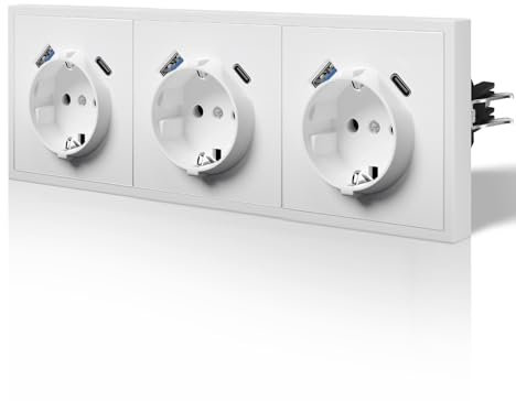 BSEED Enchufe con 20W USB C Carga Rapida,Enchufe de Pared con Garfio,Mate Enchufes Empotrable,Fácil Instalación,C-Series,3 Enchufes con 20W USB y Tipo C,220mm Blanco