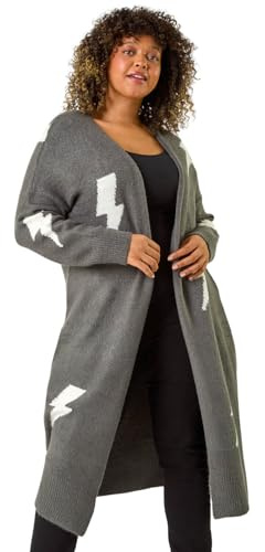 Roman Curve Printed Longline Cardigan for Women UK - Ladies Everyday Autumn Winter Comfy Soft Evening Vacation Work Party Night Out - Grey Plus - Size 20