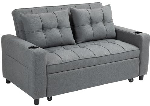 HOMCOM 2 Seater Sofa Bed, Convertible Pull Out Sofa Bed with Adjustable Backrest, Cup Holders and Pillows, Click Clack Settee for Living Room, Bedroom, Guest Room, Charcoal Grey