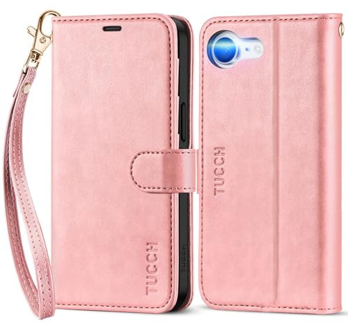 TUCCH Flip Case for iPhone 16e 2025 (6.1) 5G, Protective PU Leather Wallet Stand Case with Wrist Strap, RFID Blocking, 4 Card Slots, Shockproof TPU, Magnetic Flip Folio for Women Men, Rose Gold