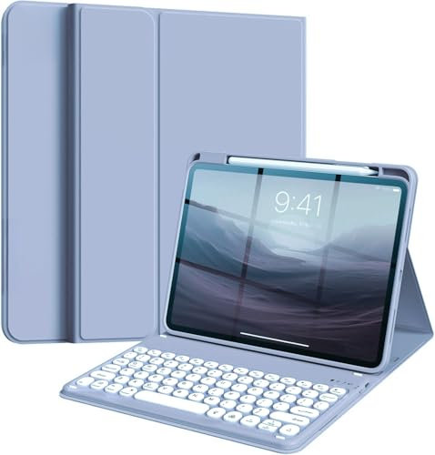 NUWONAYA Round Keys Keyboard Case for iPad Mini 7(A17 Pro)/Mini 6, Cute Color Folio Stand Cover with Upper Pencil Holder/Magnetic Detachable Keyboard for iPad mini 7th/mini 6th Generation，Misty Blue