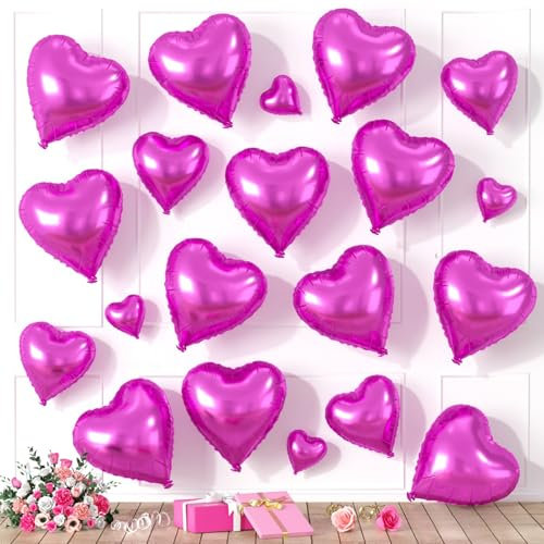 Saxuxu Hot Pink Heart Balloons, 20 Pcs 5/10/18 inch Heart Shaped Foil Love Balloons for Valentine's Day Decorations, Wedding, Engagement, Bridal Showers, Anniversary Celebrations