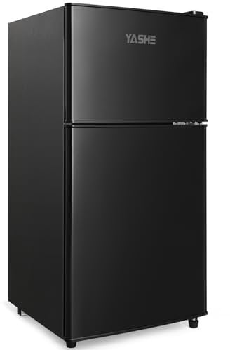 YASHE 86L Mini Fridge with Freezer, Double Door Refrigerator with 7 Settings Adjustable Thermostat, for Apartment, Bedroom, Dorm and Office, Black