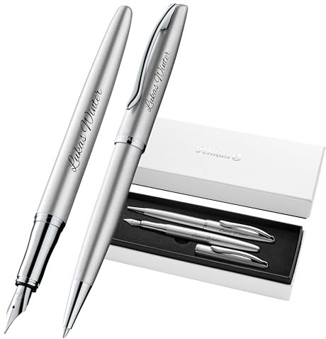 Pelikan Schreibset Jazz® Noble Elegance K/P36 Kugelschreiber und Füllhalter mit Gravur Geschenk - einzigartige Stifte mit Namen - personalisierte Geschenke (Silber)