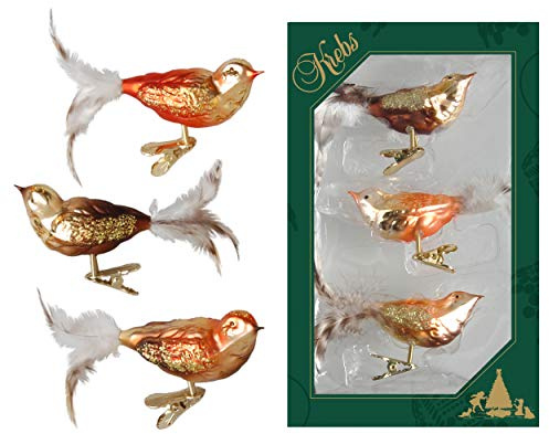 Krebs Glas Lauscha - Weihnachtsdekoration/Christbaumschmuck aus Glas - Vögel auf Clip - Farbe: herbstlich - 3 Stück - Größe: ca. 11 cm