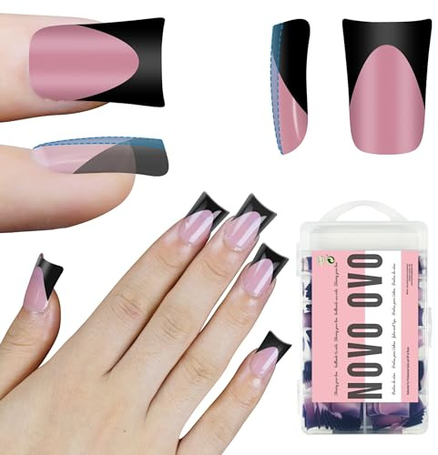 NOVO OVO Halloween Black French Tip Short Duck Nail Tips Press on, BERRY PINK Pre-designed Soft Gel Nail Extension, Extra thick Full Cover Matte Vrial False Nails for DIY x 12 Sizes 240 pcs