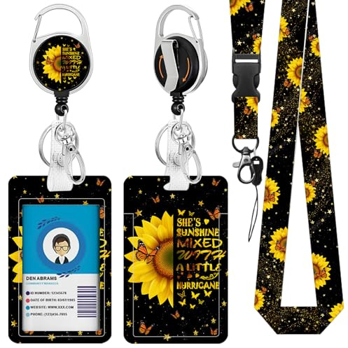 Sunflower ID Card Holder with Lanyard, Flower ID Badge Holder with Breakaway Lanyard for Students, Heavy-Duty Retractable Reel Clip, Identity Card Teacher Doctor Office Gift