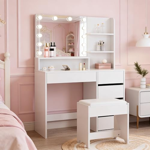Oyajia Schminktisch mit 12 LED-Beleuchtung, Hocker, Frisiertisch mit Spiegel, Schminktische mit Mehreren Schubladen, Schminktisch-Set mit Lichtern und Hocker, Regalböden Vanity, Weiß, 94 * 40 * 140cm