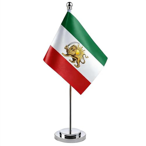 FLKWOP Iran Old Persia Table Flag - Former Iranian Lion and Sun Desk Flags with Stand Pole 14 x 21 cm