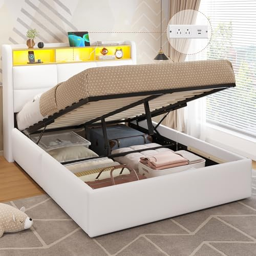 DICTAC Small Double Ottoman Bed Frame with Hydraulic Storage, Charging Station and Led Lights 4ft Upholstered Platform Bed Frame with Storage Headboard,Sturdy Wood Slats,White-120x190 cm(No Mattress)