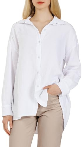Caspar BLU028 Damen Musselin Bluse 100% Baumwolle | Oversized Hemdbluse Langarm | Luftige Musselinbluse Frühling Sommer | Lockere Baumwollbluse Casual & Büro Made in Italy